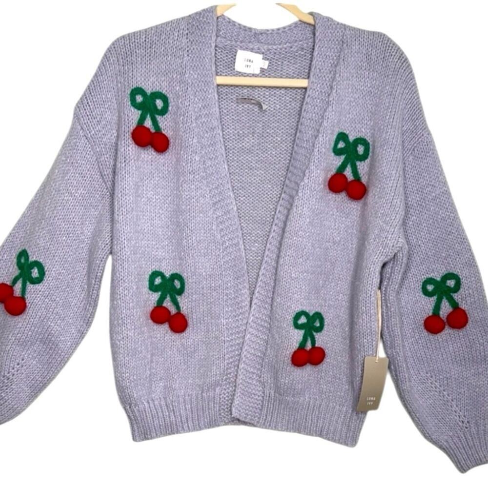 Luna Ivy Chunky Knit Cherry Detail Gray Cardigan Cherry Embroidery Size …